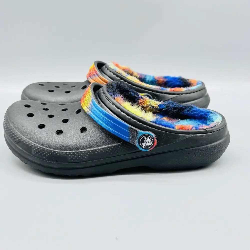 Crocs Shoes Kids 4 Black Classic Lined Clog Spray Tie Dye Fuzzy Warm Plush
